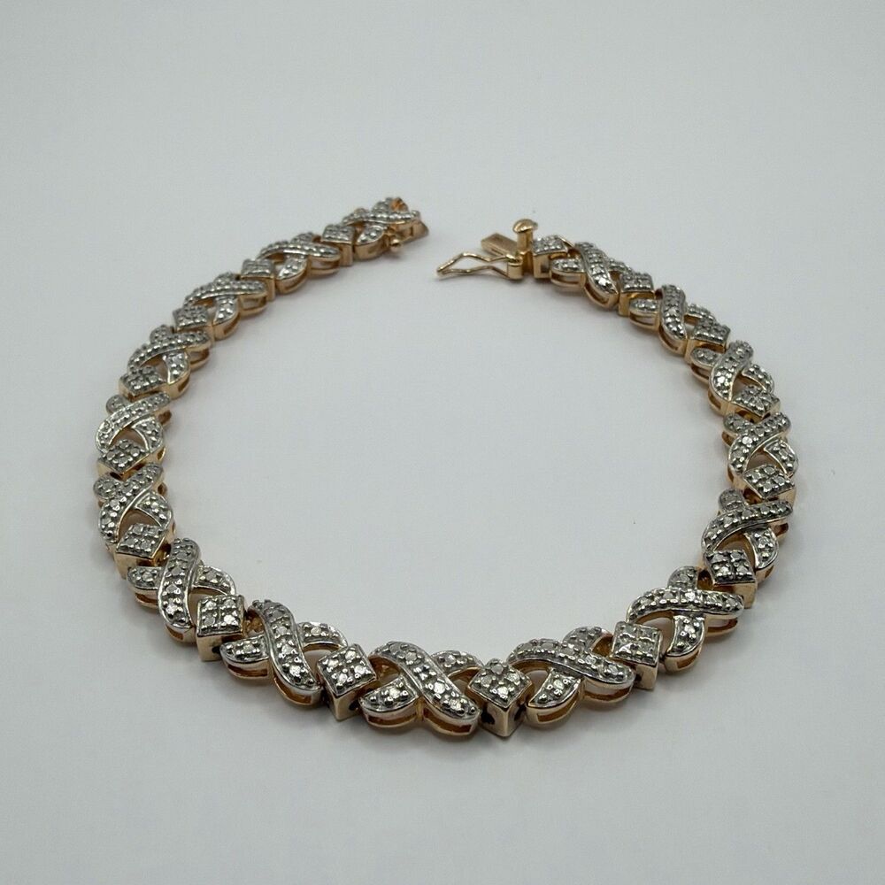 925 Sterling Silver Two Tone Clear Stone X Link Bracelet 7.5" 13.9g